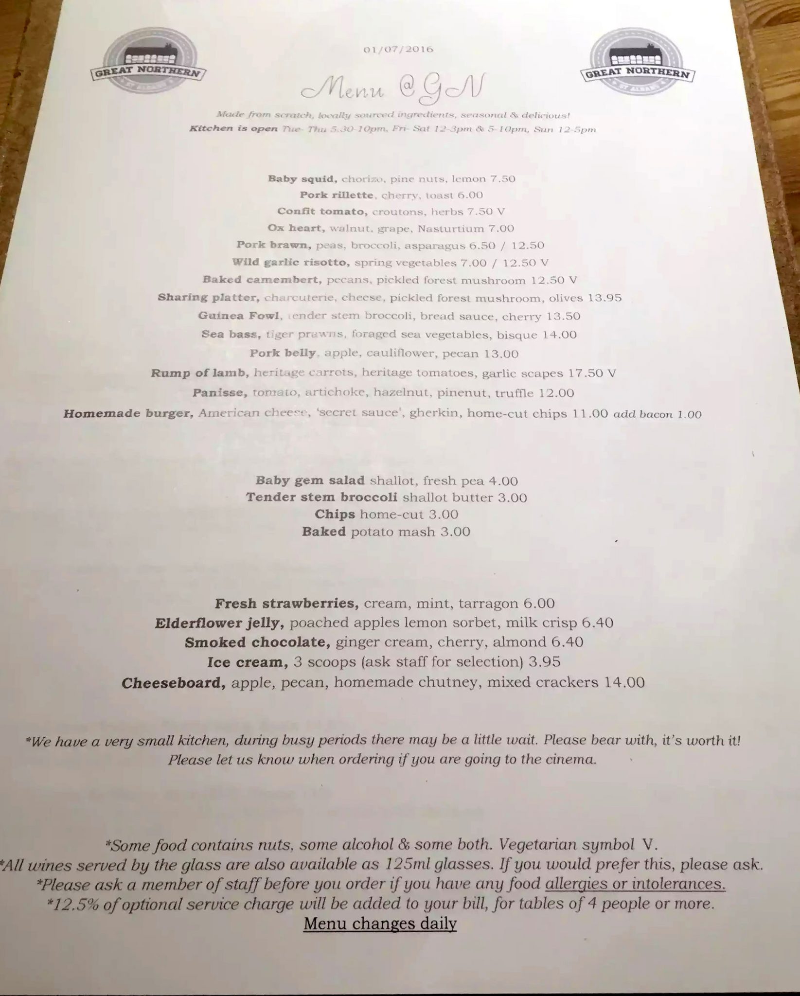 Great Northern Pub St Albans Wine Tasting Dinner Menu