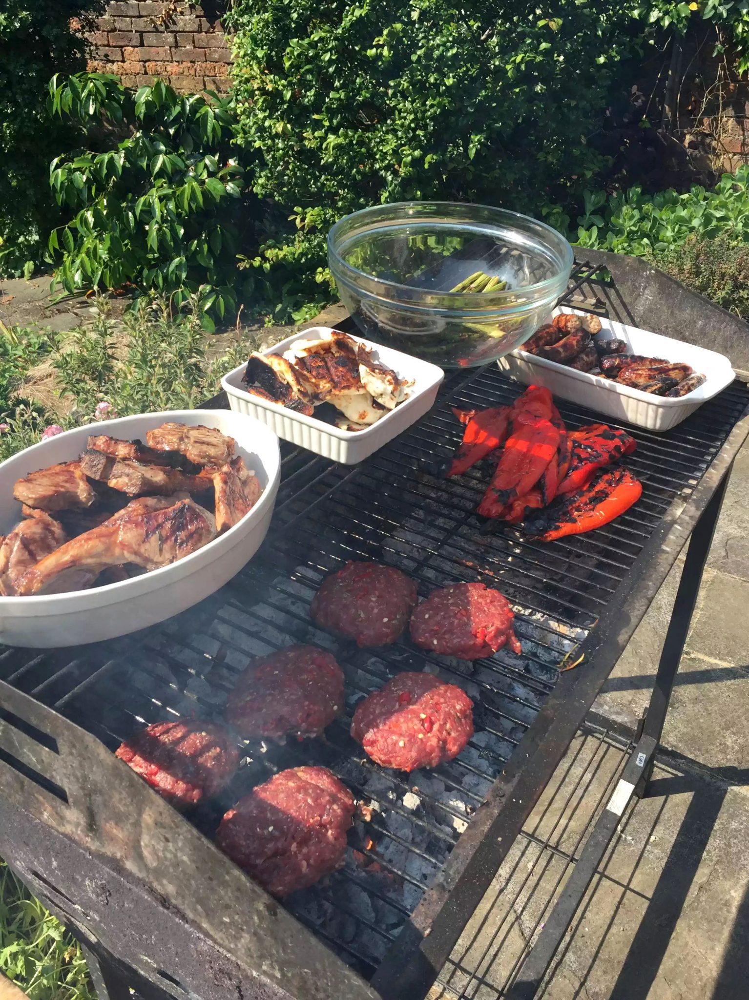 BBQ St Albans Sunshine Garden Outdoors Burgers Asparagus Peppers Lamb Sausages Salad Cheese Strawberries Mango Wine
