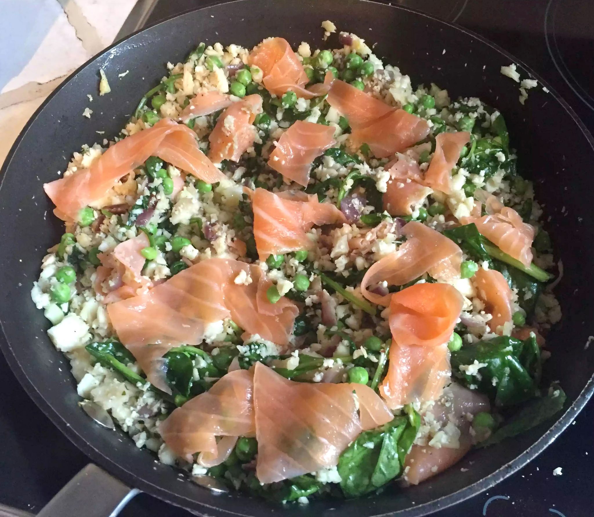 Smoked Salmon Pea Spinach Summer Vegetable Cauliflower Rice Risotto Garlic SCD Paleo Clean Eating Pine Nuts Foodie Healthy