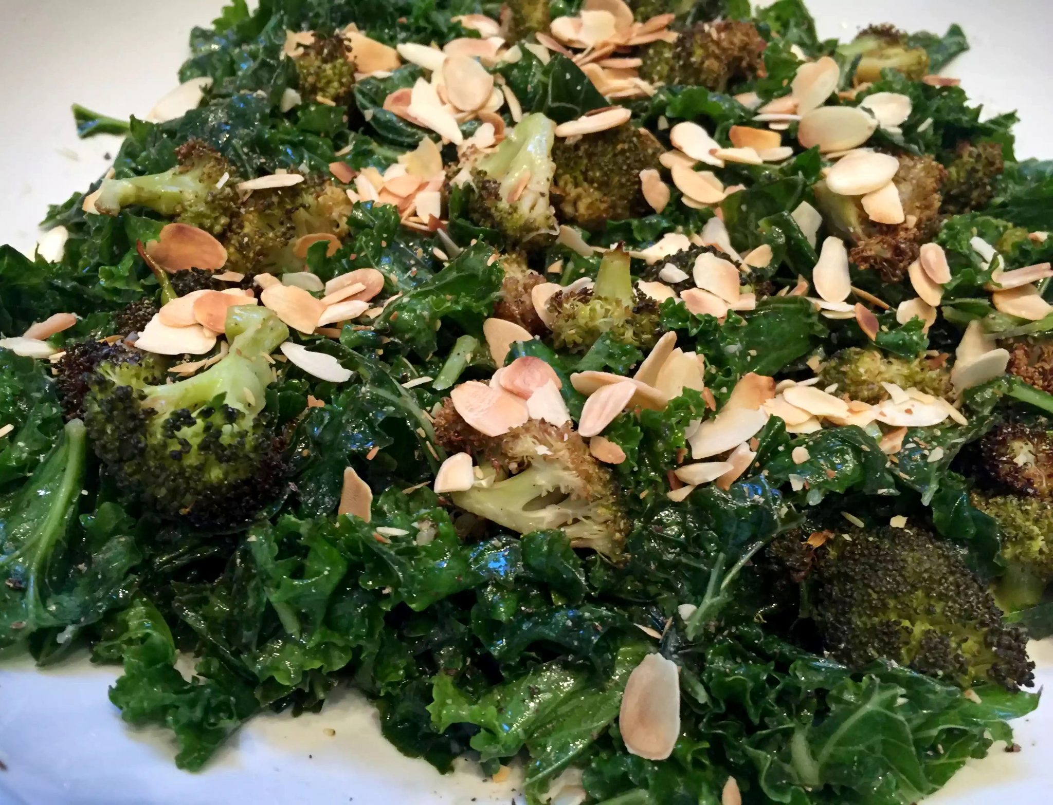 Roasted Broccoli Massaged Kale Almond Salad Lemon Dressing Garlic