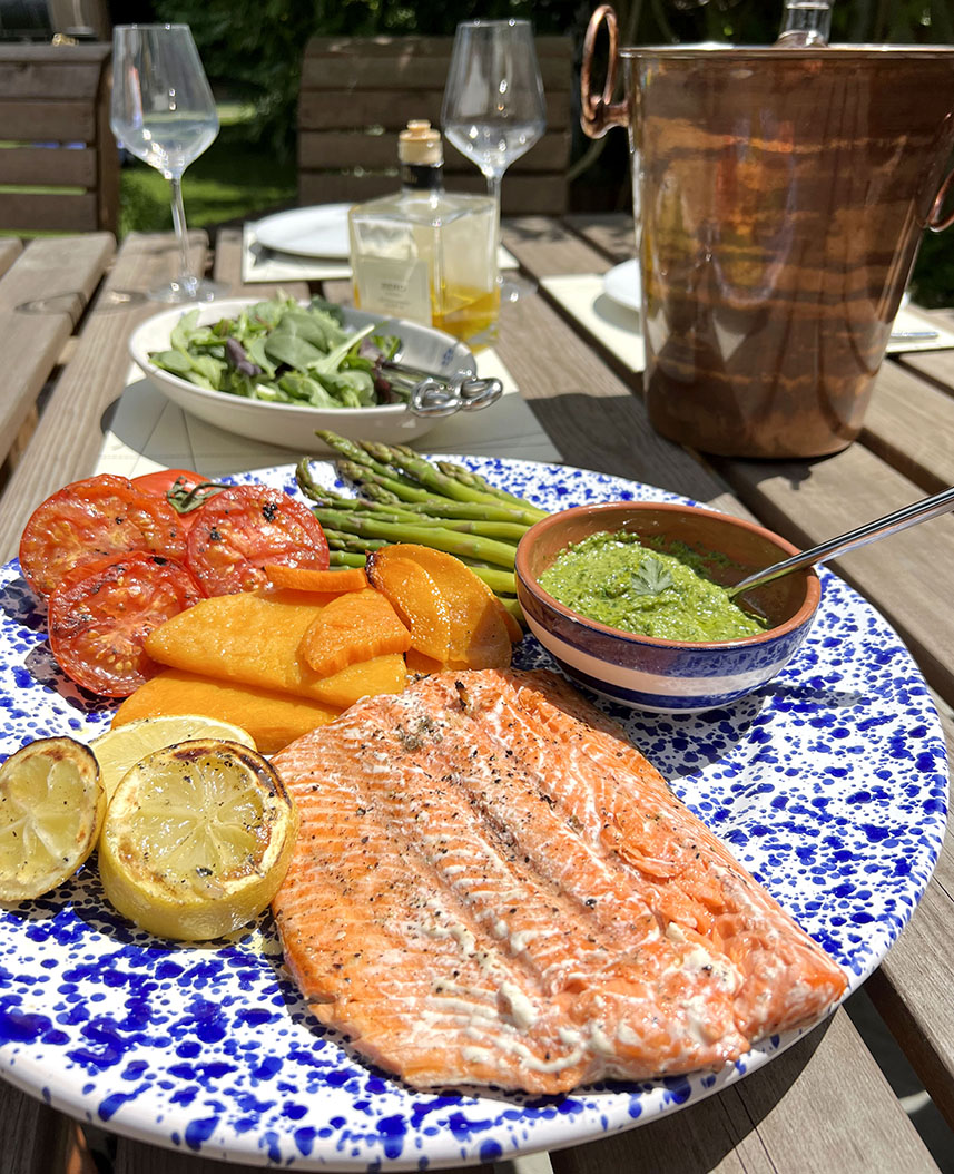 BBQ Salmon with Salsa Verde & Roasted Vegetables