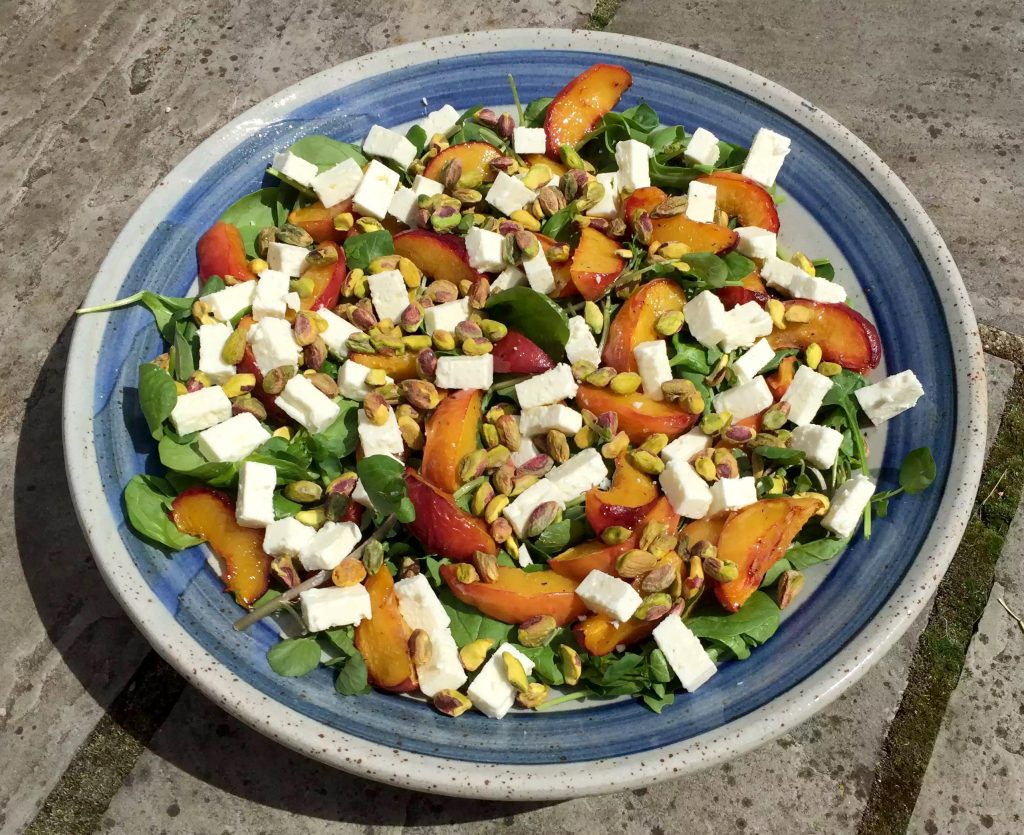 Roasted Peach, Feta & Pistachio Salad with Honey Mustard Dressing by Emma Eats & Explores - Grainfree, Glutenfree, Refined Sugarfree, Paleo, SCD, Low Carb & Vegetarian