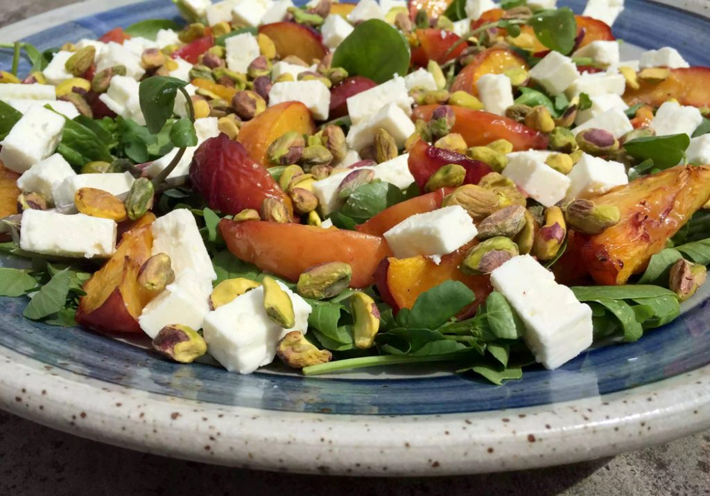 Roasted Peach, Feta & Pistachio Salad with Honey Mustard Dressing by Emma Eats & Explores - Grainfree, Glutenfree, Refined Sugarfree, Paleo, SCD, Low Carb & Vegetarian