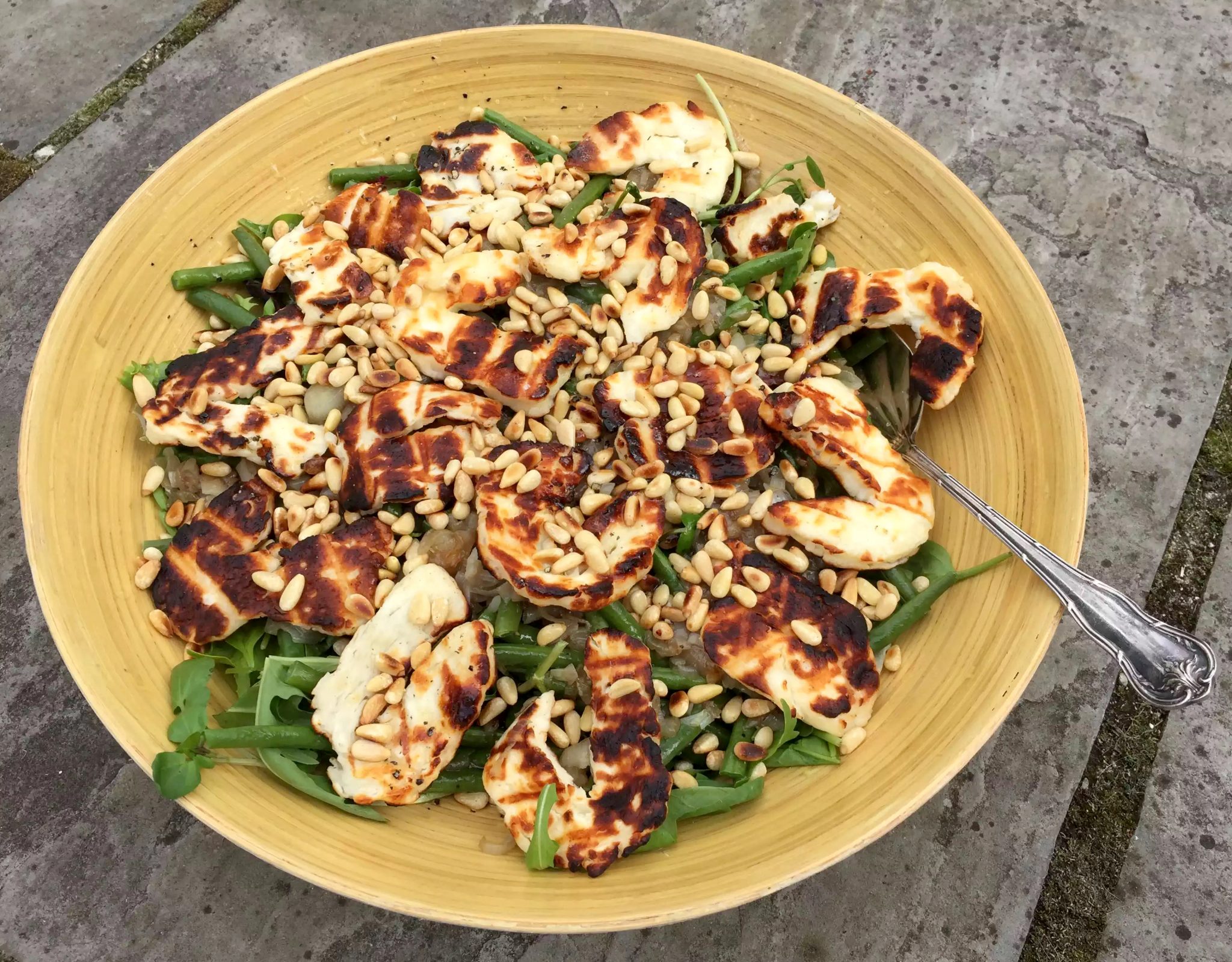 Grilled Halloumi, French Beans, Caramelised Shallots, Pine Nuts Salad Lime Dressing SCD Grain-Free Gluten-Free Paleo Clean Eating