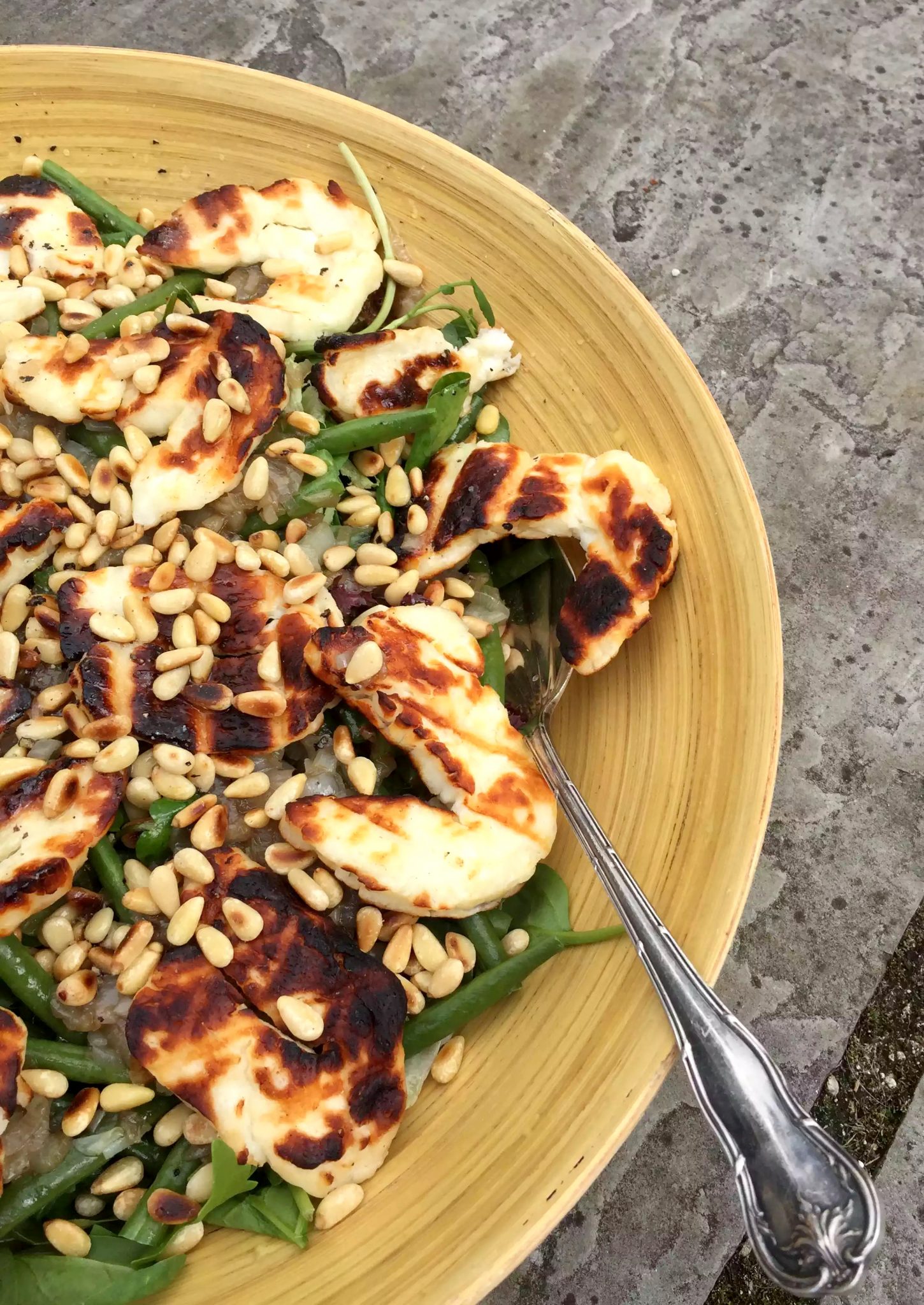 Grilled Halloumi, Caramelised Shallots, Green Bean & Pine Nut Salad with a Lime Dressing