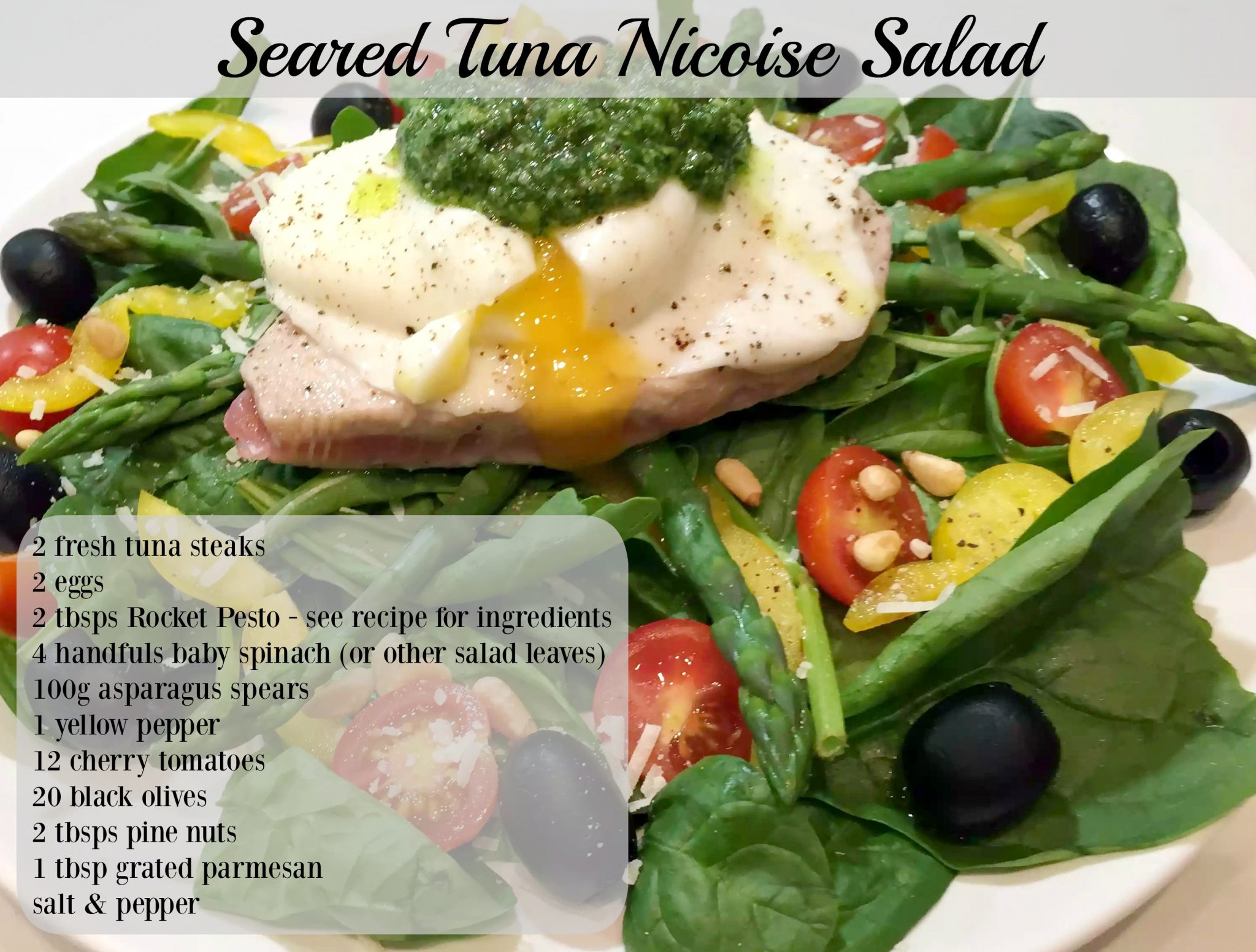 Seared Tuna Nicoise Salad with Poached Egg & Rocket Pesto by Emma Eats & Explores - SCD, Paleo, Pecatarian, Dairy-Free, Gluten-Free, Grain-Free, Sugar-Free, Clean Eating