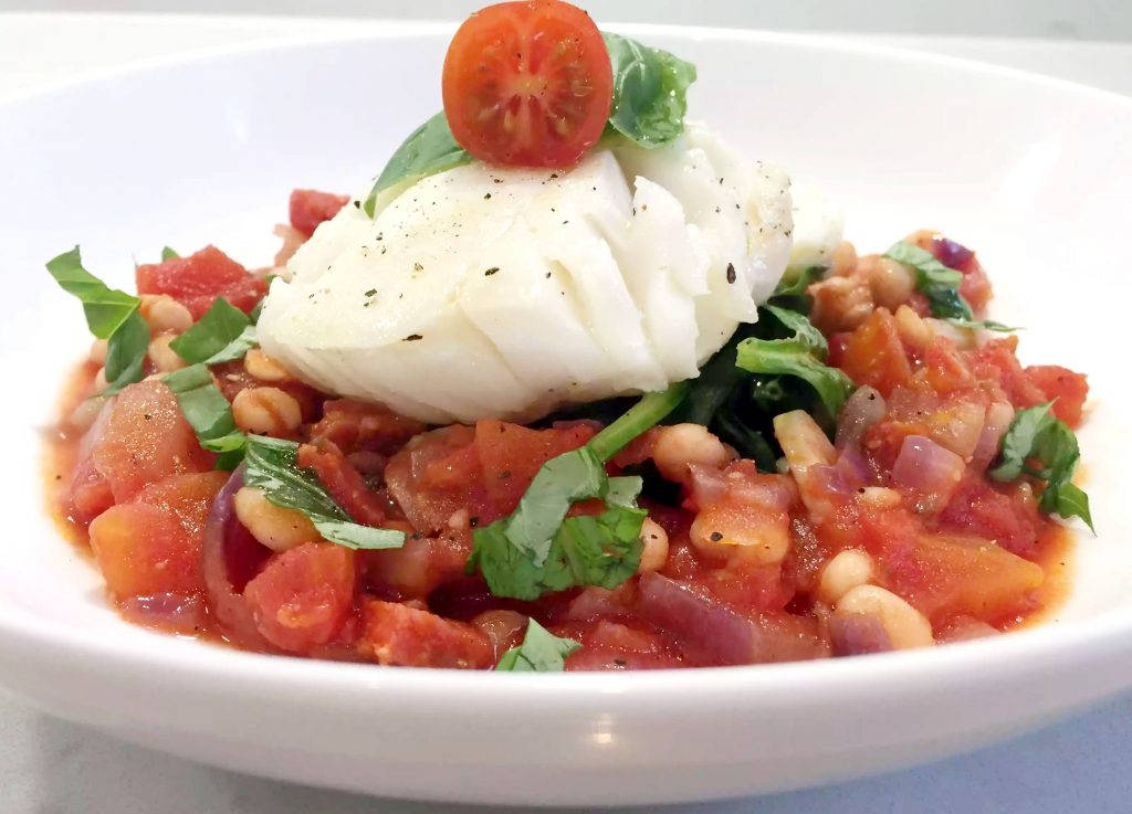 Pan Fried Cod with Tomato Chorizo Cassoulet by Emma Eats & Explores - Grainfree, Glutenfree, Dairyfree, Refined Sugarfree, Pescatarian, SCD, Low Carb