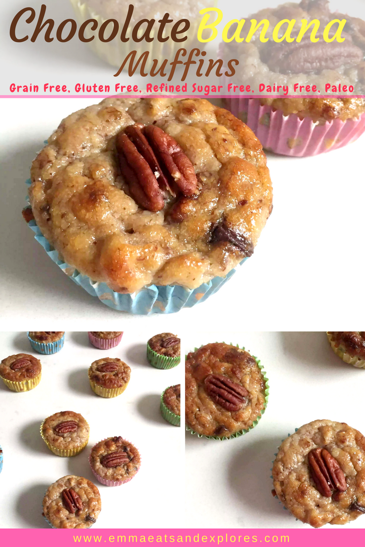 Chocolate Banana Muffins with Pecans by Emma Eats & Explores - Grainfree, Glutenfree, Dairyfree, Refined Sugarfree, Paleo, Low Carb