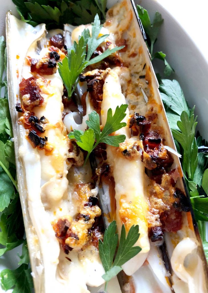 Gratinated Razor Clams with Parmesan & Chorizo by Emma Eats & Explores - Glutenfree, Grainfree, Refined SugarFree, Paleo, SCD & Low Carb