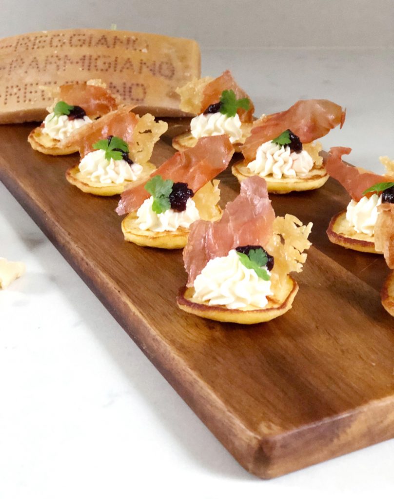 Cheesy Parmesan Blinis with Crispy Prosciutto & Cranberry - Grainfree, Glutenfree, Refined Sugarfree, Paleo, SCD & Low Carb