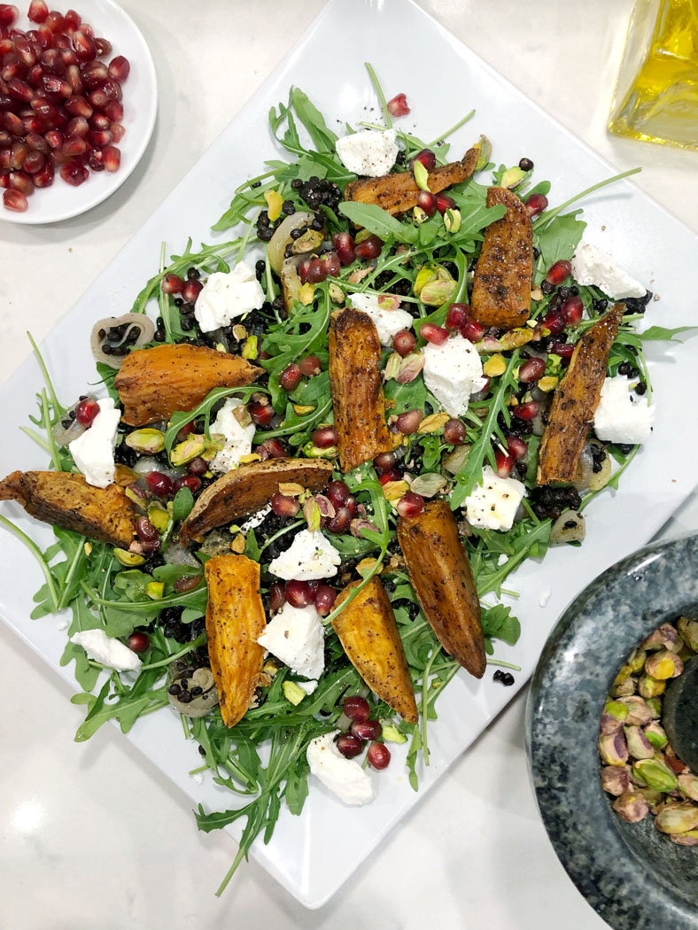 Roasted Sweet Potato Salad with Lentils & Goats Cheese
