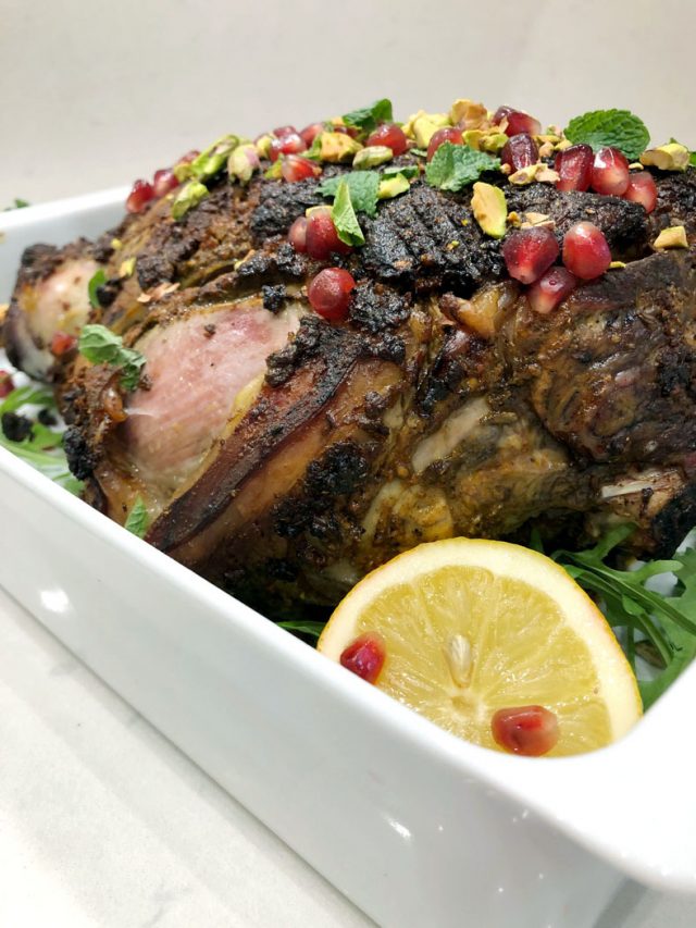 Slow-Roasted, Indian Spiced Leg of Lamb with Pomegranate, Pistachios