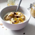 Rhubarb Orange compote on yoghurt with toasted almonds