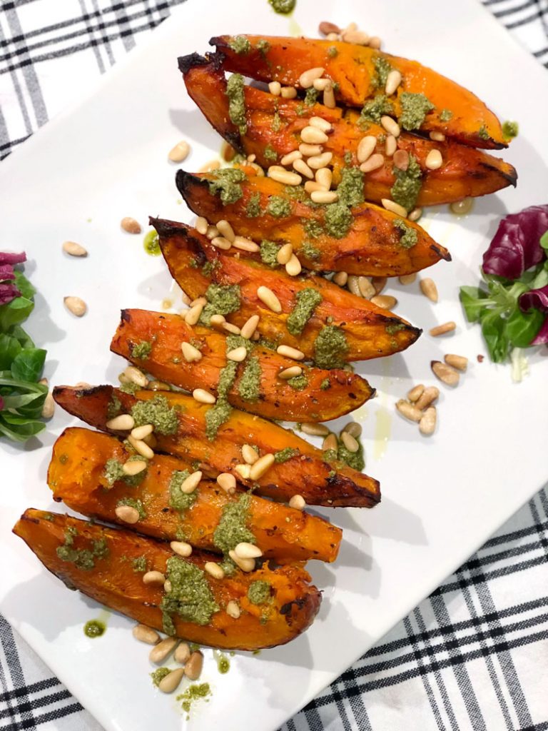 Roasted Acorn Squash with Pesto And Pine Nuts