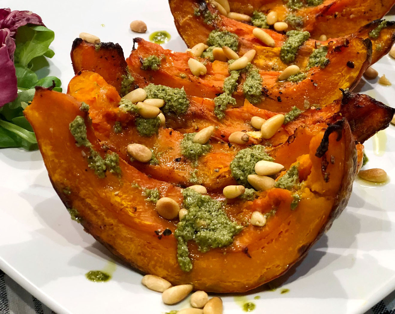 Roasted Acorn Squash with Pesto And Pine Nuts