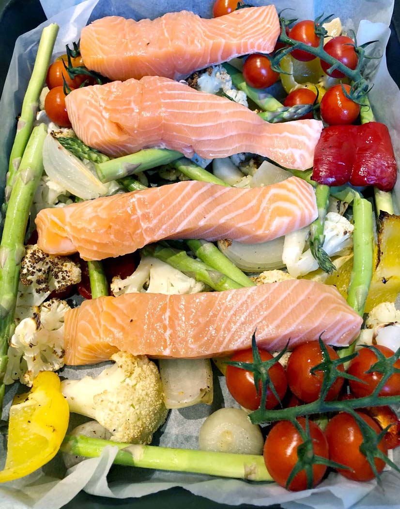 Pesto Salmon Traybake with Roasted Vegetables - Emma Eats & Explores