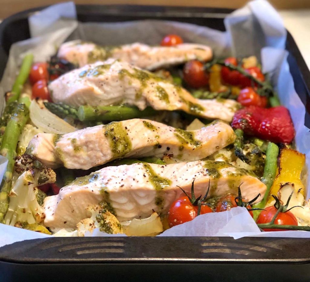 Pesto Salmon Traybake with Roasted vegetables by Emma Eats & Explores - Grain-Free, Gluten-Free, Dairy-Free & Refined-Sugar Free, SCD, Pescatarian, Low Carb & Paleo 