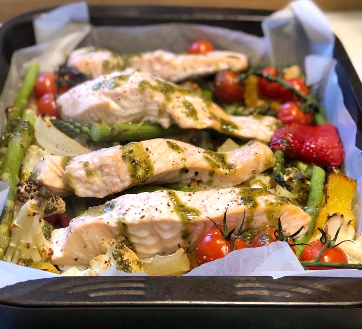 Pesto Salmon Traybake with Roasted Vegetables - Emma Eats & Explores