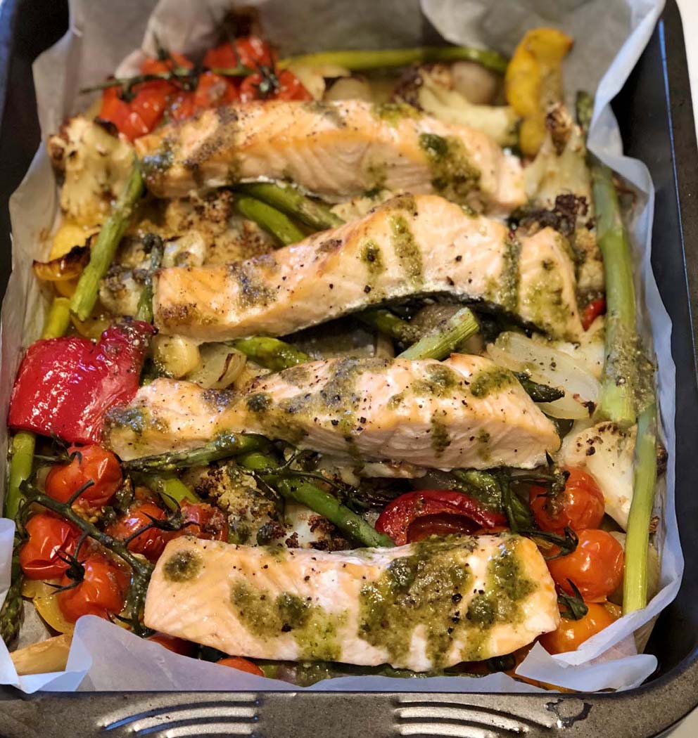 Pesto Salmon Traybake with Roasted vegetables by Emma Eats & Explores - Grain-Free, Gluten-Free, Dairy-Free & Refined-Sugar Free, SCD, Pescatarian, Low Carb & Paleo