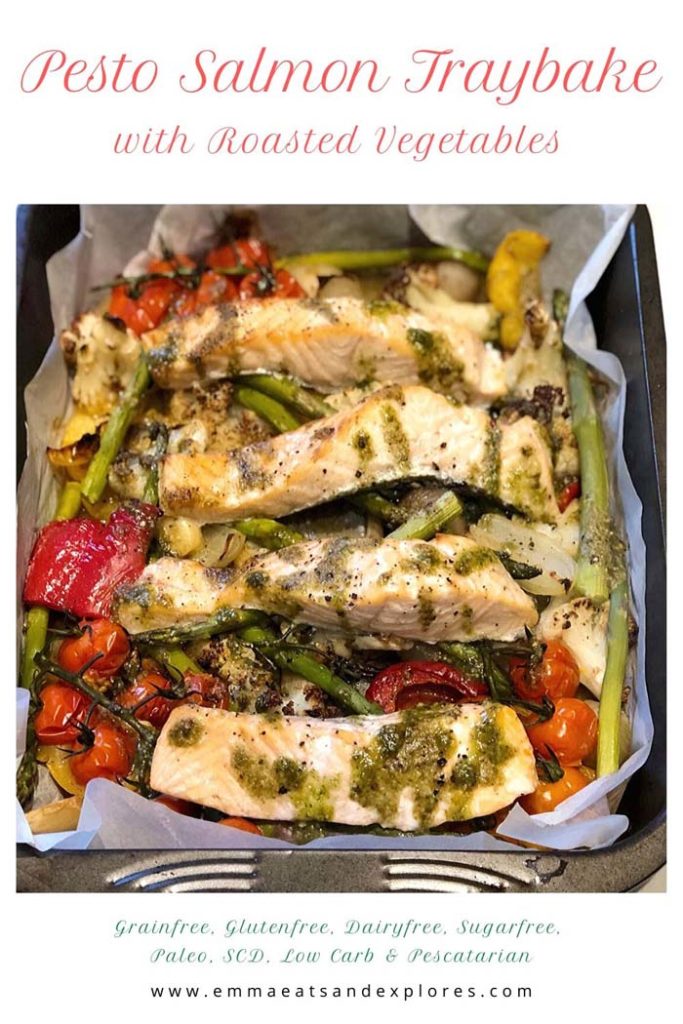 Pesto Salmon Traybake with Roasted vegetables by Emma Eats & Explores - Grain-Free, Gluten-Free, Dairy-Free & Refined-Sugar Free, SCD, Pescatarian, Low Carb & Paleo