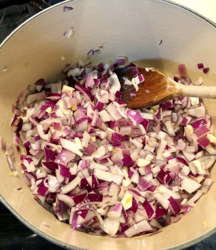 Softening the onion and garlic for the curry