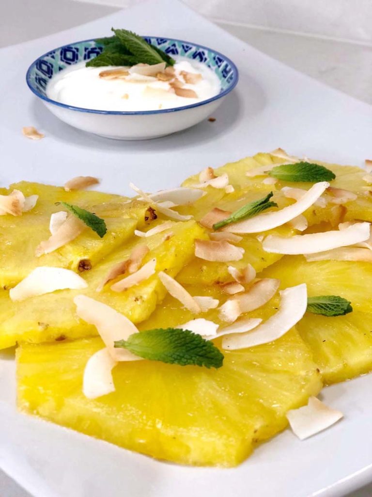 Warm Tropical Pineapple Carpaccio with Honey & Ginger Sauce with Yoghurt & Mint