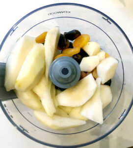 Pears, dates & dried apricots in food processor