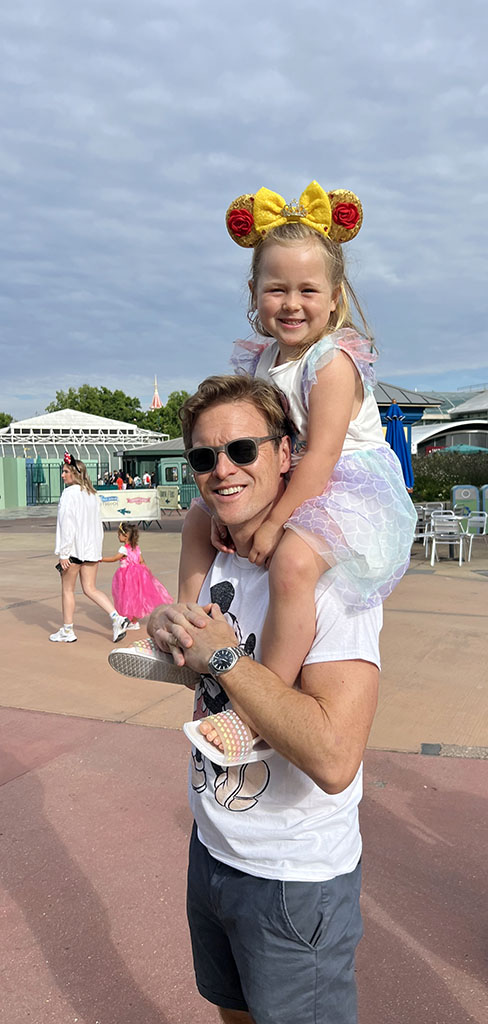 Nellie on Daddy's shoulders at Disneyland Paris