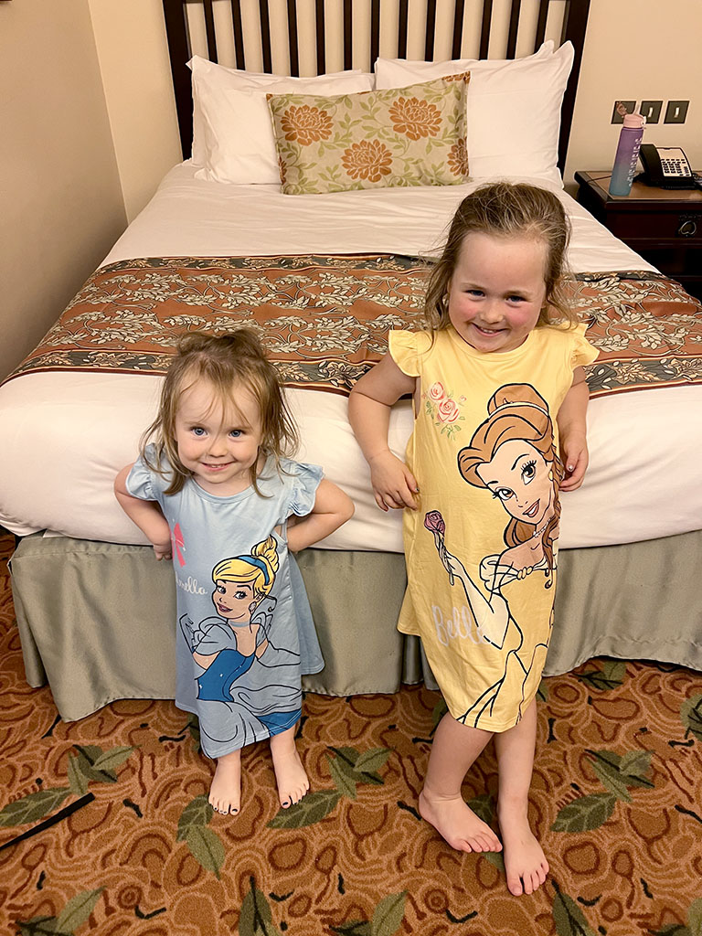 Girls ready for bed in Princess Nighties at Sequoia Lodge Disneyland Paris