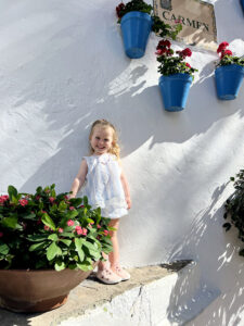 Nellie on Calle Carmen - bluepots and carnations